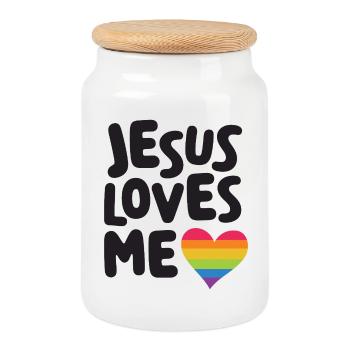 LGBT Pride Month - Jesus Loves Me - Cookie Jar with Wooden Lid - white - Front