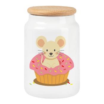 Maus sitzt in einem pinken Cupcake mit Streuseln - Keksdose mit Holzdeckel - Weiß - Vorne
