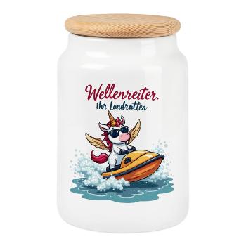 Surfer Unicorn - Cookie Jar with Wooden Lid - white - Front