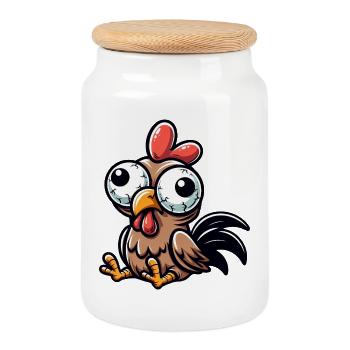 Cute Confused Hen Cartoon Clumsy Googly Eyes - Cookie Jar with Wooden Lid - white - Front
