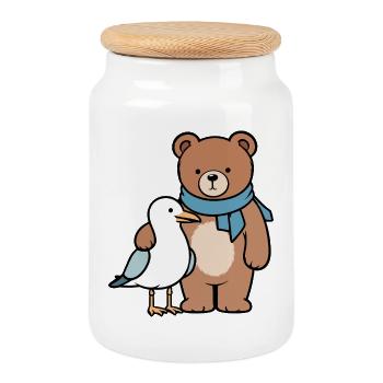 Cute Bear and Bird Design - Cookie Jar with Wooden Lid - white - Front