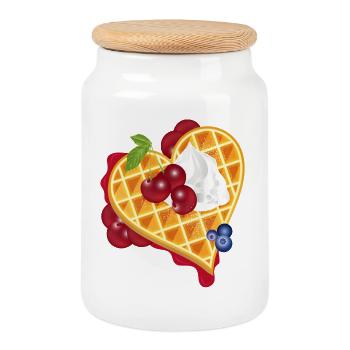 Golden heart waffle illustration with cherries - Cookie Jar with Wooden Lid - white - Front