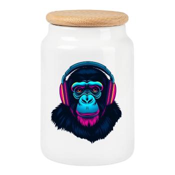 Monkey as DJ - Cookie Jar with Wooden Lid - white - Front