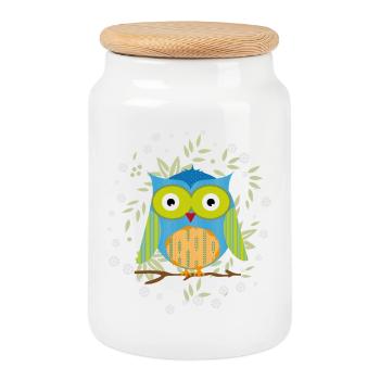 Hibou patchwork élégant sur une branche dans une mer de feuilles - Boîte à biscuits avec couvercle en bois - blanc - Devant