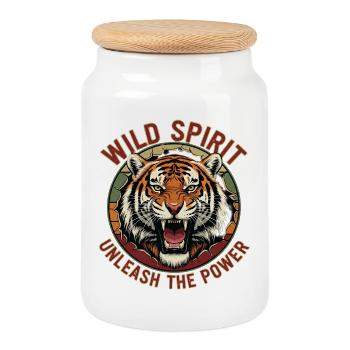 Wild Spirit Lion Motif Design - Cookie Jar with Wooden Lid - white - Front