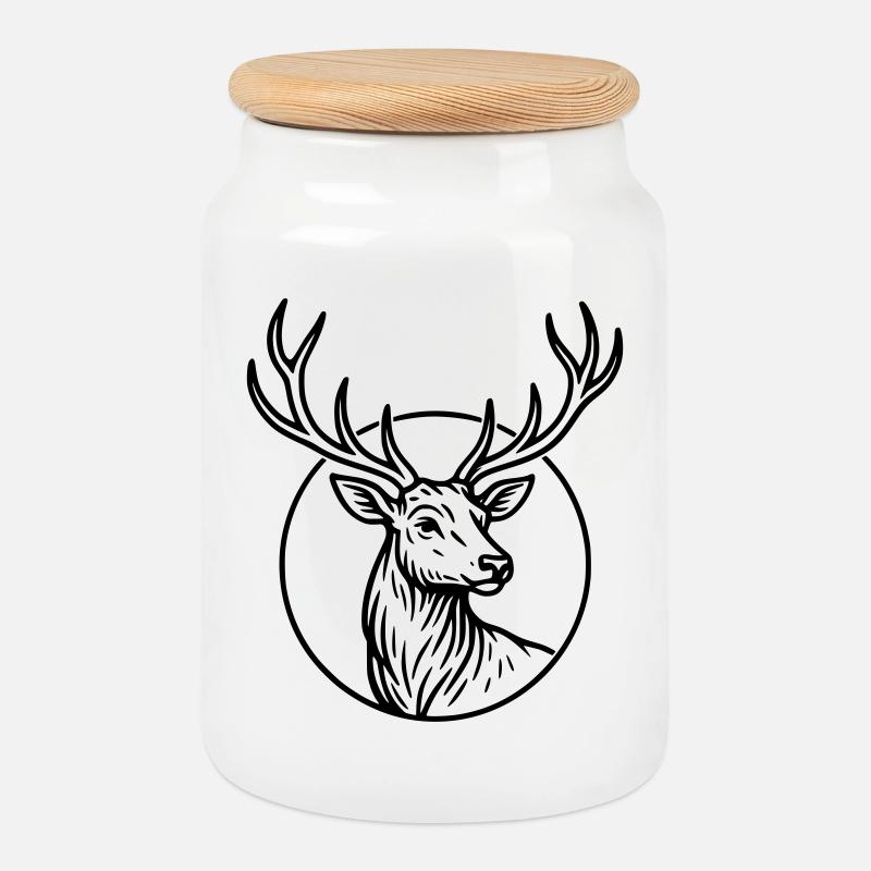 Large, deer - Cookie Jar with Wooden Lid - white