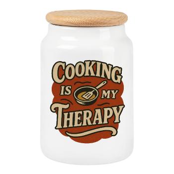 Cooking Is My Therapy Retro Design - Cookie Jar with Wooden Lid - white - Front