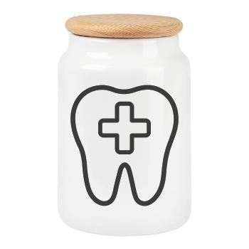 Icône de la ligne de soins dentaires – Dent avec croix médicale - Boîte à biscuits avec couvercle en bois - blanc - Devant