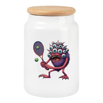 Psychedelisches Tennismonster - Keksdose mit Holzdeckel - Weiß - Vorne