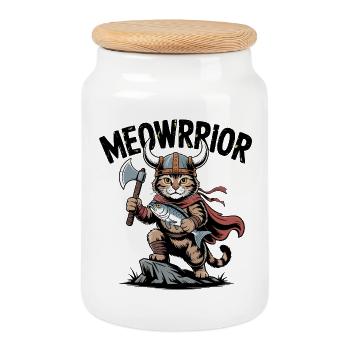 Meowrrior Viking Chat Guerrier - Boîte à biscuits avec couvercle en bois - blanc - Devant