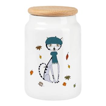 Cat in autumn with woolen hat - Cookie Jar with Wooden Lid - white - Front