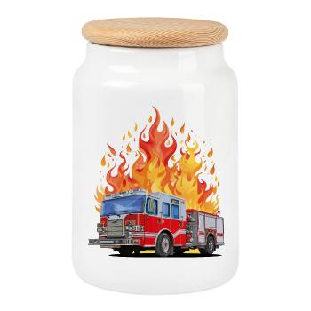 Fire brigade in action - Cookie Jar with Wooden Lid - white - Front