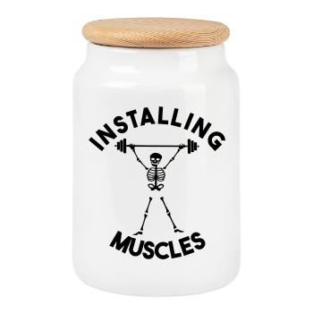 Funny Skeleton Gym–Installing Muscle Weightlifting - Cookie Jar with Wooden Lid - white - Front