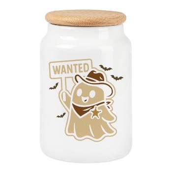 Halloween Ghost Cowboy Wanted Design - Cookie Jar with Wooden Lid - white - Front