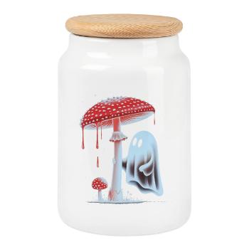 Spooky Ghost with Bloody Red Mushroom - Cookie Jar with Wooden Lid - white - Front