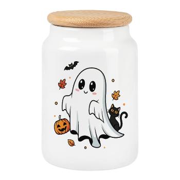 Cute Ghost and Black Cat Halloween Design - Cookie Jar with Wooden Lid - white - Front