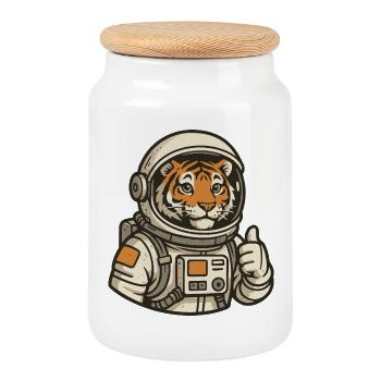 Tigre en combinaison d'astronaute - Boîte à biscuits avec couvercle en bois - blanc - Devant