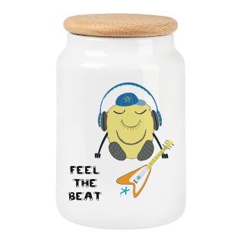 Personnage de bande dessinée avec casque et guitare - Boîte à biscuits avec couvercle en bois - blanc - Devant