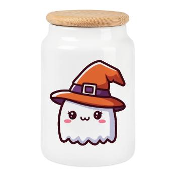 Fantôme mignon dans le chapeau de sorcière Halloween - Boîte à biscuits avec couvercle en bois - blanc - Devant