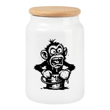 Monkey in a Bucket | Shocked monkey with dripping design - Cookie Jar with Wooden Lid - white - Front