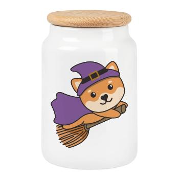 Shiba Inu Halloween Sorcière Enfants Costume de Sorcière - Boîte à biscuits avec couvercle en bois - blanc - Devant
