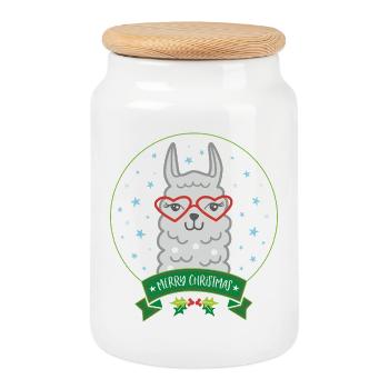 Weihnachts-Lama mit Herzbrille Merry Christmas - Keksdose mit Holzdeckel - Weiß - Vorne