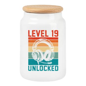 Level 19 Unlocked – 19th Anniversary Gamer Gift - Cookie Jar with Wooden Lid - white - Front