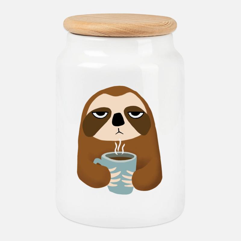 Faultier mit Kaffeebecher - Keksdose mit Holzdeckel - Weiß