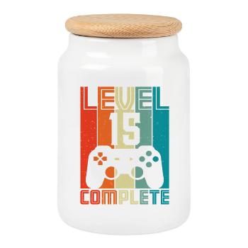 15. Geburtstag Gamer – 15 Jahre Level 15 Complete - Keksdose mit Holzdeckel - Weiß - Vorne