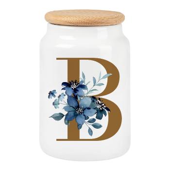 Floral B – Lettre dorée avec des fleurs - Boîte à biscuits avec couvercle en bois - blanc - Devant