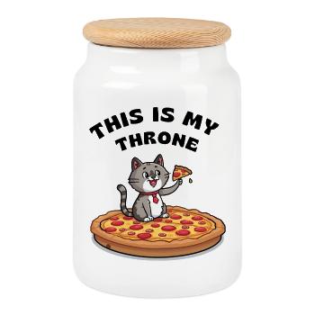 Chat de dessin animé sur pizza – C’est mon trône - Boîte à biscuits avec couvercle en bois - blanc - Devant