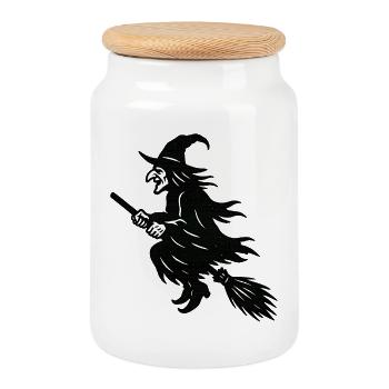 Sorcière d’Halloween sur balai Silhouette - Boîte à biscuits avec couvercle en bois - blanc - Devant