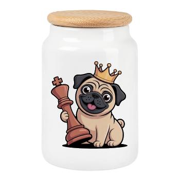 Funny Pug Playing Chess Cartoon King - Cookie Jar with Wooden Lid - white - Front