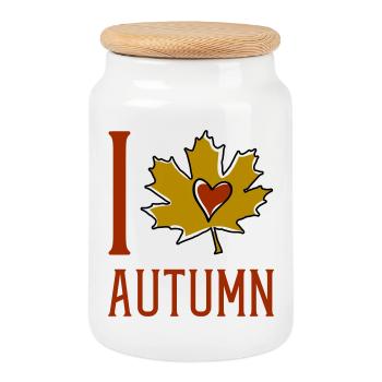 Autumn Leaf Heart Motif - Cookie Jar with Wooden Lid - white - Front