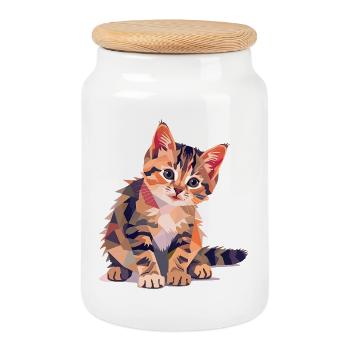 Illustration de chat géométrique coloré moderne - Boîte à biscuits avec couvercle en bois - blanc - Devant