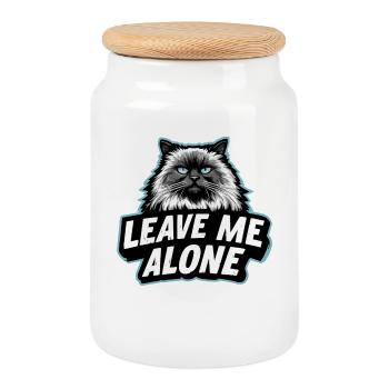 LEAVE ME ALONE – Funny Ragdoll Cat Design - Cookie Jar with Wooden Lid - white - Front