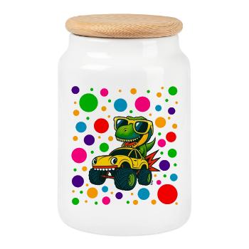 Dino-Treiber in Neon-Punkten - Keksdose mit Holzdeckel - Weiß - Vorne