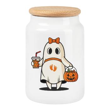 Halloween Fantôme enceinte avec sac citrouille - Boîte à biscuits avec couvercle en bois - blanc - Devant