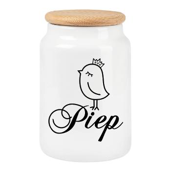 Sparrow Beep with Crown – Beep Bird Cartoon - Cookie Jar with Wooden Lid - white - Front