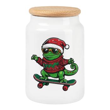 Chameleon Weihnachten Lustig - Keksdose mit Holzdeckel - Weiß - Vorne