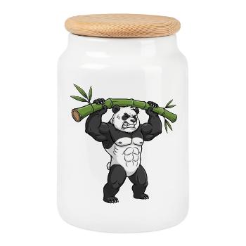Panda Japan Bamboo Culture Fitness Gym Strength - Cookie Jar with Wooden Lid - white - Front