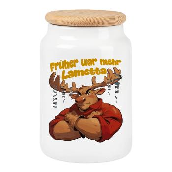 Tinsel Moose: In the past, there was more tinsel deer xmas - Cookie Jar with Wooden Lid - white - Front