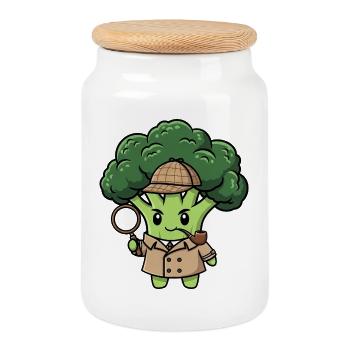 Cute Broccoli Detective Spy Cartoon Vegetarian - Cookie Jar with Wooden Lid - white - Front