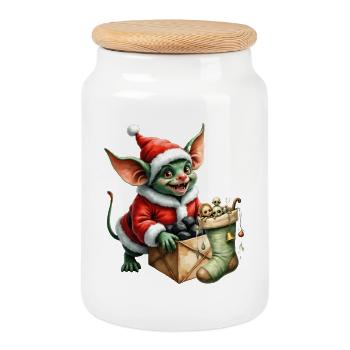 Lutin de Noël vert avec sac - Boîte à biscuits avec couvercle en bois - blanc - Devant