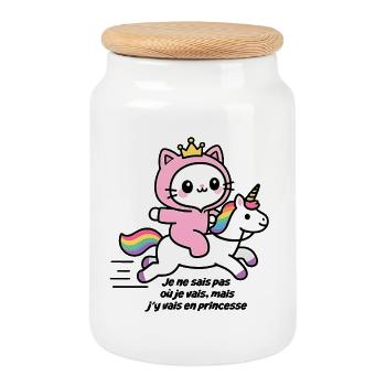 Rosa Katze auf Regenbogen-Einhorn - Keksdose mit Holzdeckel - Weiß - Vorne