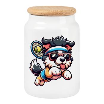 Tennis chien chiot avec lunettes de soleil et bandeau - Boîte à biscuits avec couvercle en bois - blanc - Devant