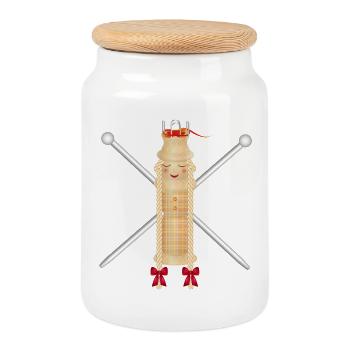 Poupée à tricoter avec des aiguilles à tricoter – Motif créatif - Boîte à biscuits avec couvercle en bois - blanc - Devant