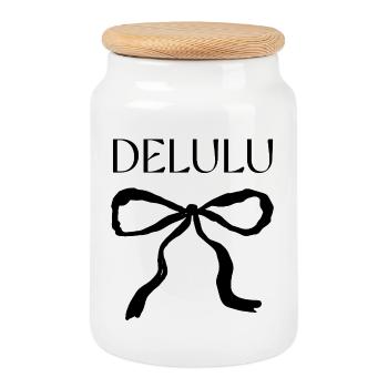 Delulu Spruch mit Schleife - Keksdose mit Holzdeckel - Weiß - Vorne