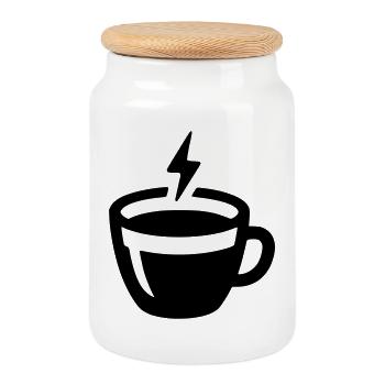 Energie-Kick: Kaffee-Tasse mit Blitz-Symbol - Keksdose mit Holzdeckel - Weiß - Vorne