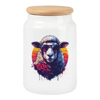 Mouton rétro cool avec des lunettes - Boîte à biscuits avec couvercle en bois - blanc - Devant